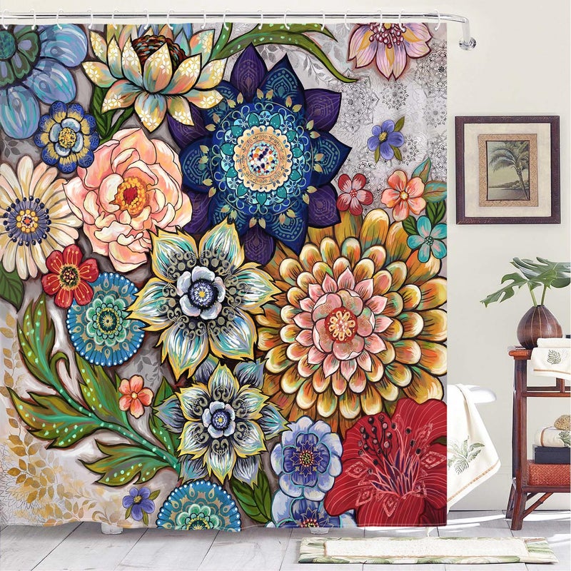 Neasow Boho Floral Shower Curtains for Bathroom, Bright Fabric Blossom Shower Curtain with 12 Hooks, Multi Color 72"Ã—72" - Image 1